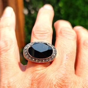Judith Jack Sterling Silver Marcasite Black Onyx Large Ring!